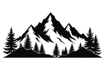 Black Silhouette of Jagged Mountains and Evergreen Trees Illustration for Outdoor and Nature Imagery