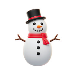 Cheerful Snowman with Black Top Hat and Red Scarf on Transparent Background