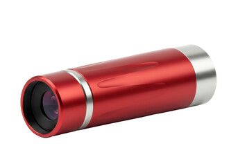Red cylindrical camera isolated on transparent background, modern photography equipment for studio and outdoor use
