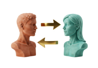 Communication concept with male and female bust statues isolated, exchange of ideas and information between people