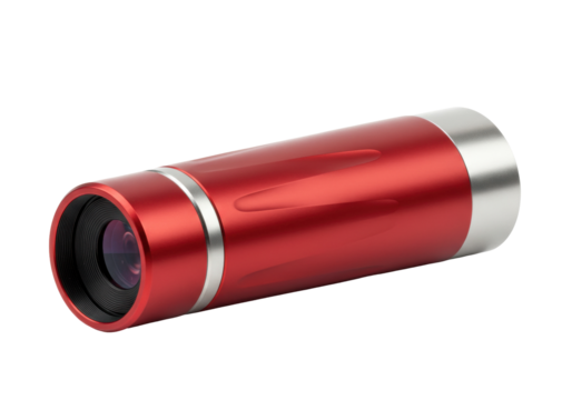 Red cylindrical camera isolated on transparent background, modern photography equipment for studio and outdoor use