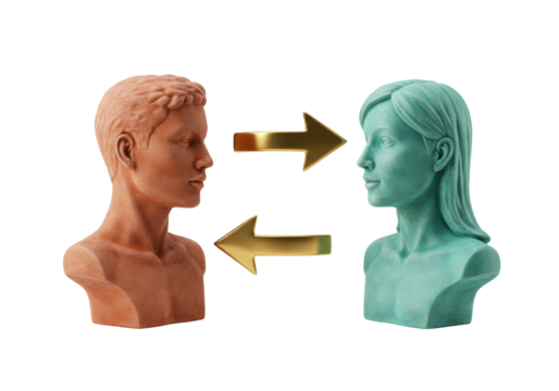 Communication concept with male and female bust statues isolated, exchange of ideas and information between people