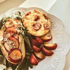 Toast with Camembert cheese, omelette, plum and arugula