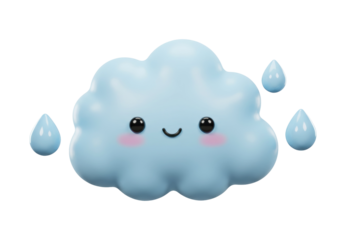 Cute blue cloud with raindrops PNG isolated on transparent background, kawaii weather icon for graphic design and kids