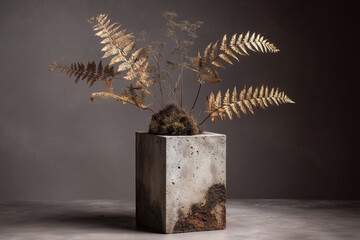 Fern Golden Arrangement in Rustic Concrete Planter Decor