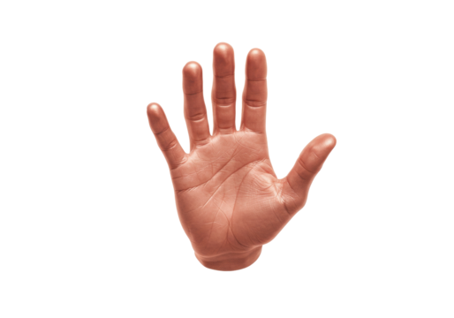 Copper colored hand isolated on transparent background, open palm with fingers spread for stop gesture or high five in a metallic finish PNG