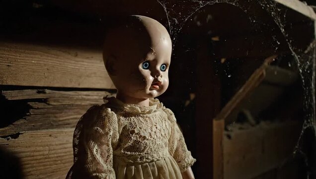 A creepy antique doll with a pale complexion and dark eyes stands against a worn wooden wall with cobwebs, conveying a spooky atmosphere with muted tones.