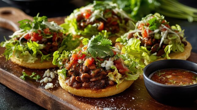 Sopes Delight: An appetizing shot of sopes, a traditional dish, meticulously arranged on a wooden board. Each sope is a flavor-filled creation, stacked with fresh lettuce, savory meat, diced tomatoes.