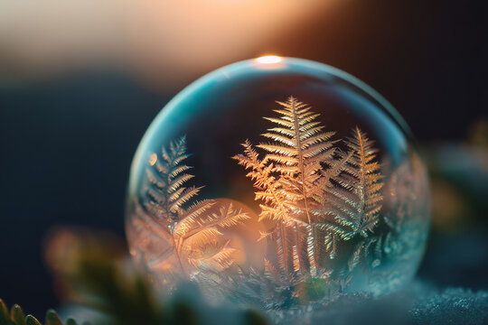 Soap Frozen Bubble with Intricate Frost Patterns and Golden Light