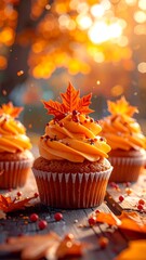 Autumnal Cupcakes with Maple Leaves.