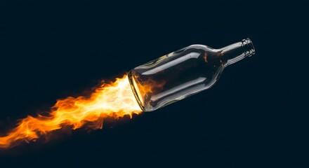 Dynamic image of a clear glass bottle with a powerful flame propulsion, resembling a rocket in flight against a dark background.