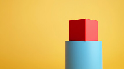 Simple abstract composition of red cube atop blue cylinder against a yellow background. Bold colors, clean lines, and minimalistic design.