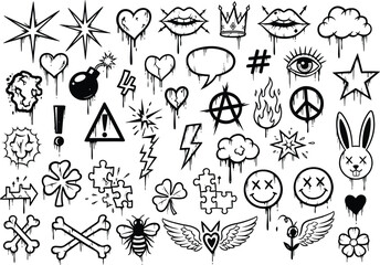 Graffiti style icons set with punk rock and pop culture motifs silhouette
