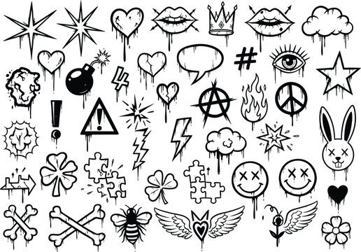 Graffiti style icons set with punk rock and pop culture motifs silhouette