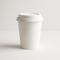 A clean flat illustration of a disposable paper coffee cup with a colorful lid and sleeve
