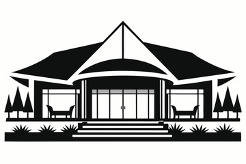 Architectural Silhouette of a Modern House with Geometric Roof and Manicured Landscape