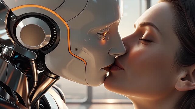 A tender moment as a robot kisses a person, a scene that evokes emotions