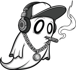 Cool ghost character with headphones and cigar silhouette