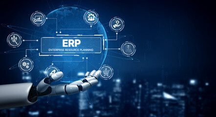 Obraz premium AI optimizes ERP platforms with centralized dashboards, automated data flow, and smart tools for managing finance, inventory, and enterprise resource planning. Artificial intelligence spline