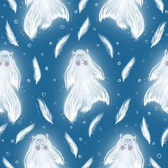Obraz premium Mystical seamless pattern of white ghostly figures on a deep blue starry background, perfect for Halloween themes, fantasy wallpapers, or spooky textiles