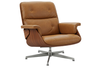 Modern brown leather armchair isolated, contemporary lounge chair with wood frame and metal base...