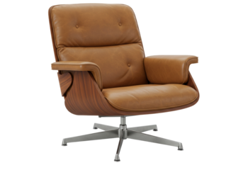 Modern brown leather armchair isolated, contemporary lounge chair with wood frame and metal base for living room or office furniture