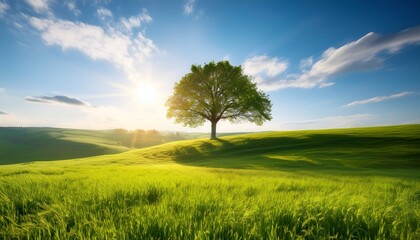 Vivid Photorealistic Image Of A Solitary Tree In A Spring Field Fresh Grass Bright Sunlight