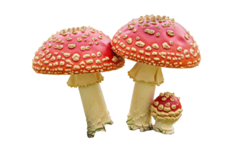 Amanita muscaria mushrooms isolated on transparent background, vibrant red toadstools with white spots, poisonous fungi PNG