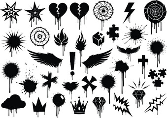 Obraz premium Graffiti elements set spray paint drips grunge symbols collection silhouette