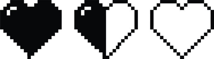 Fototapeta premium Pixelated heart icons set full half outline styles silhouette