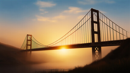Obraz premium Suspension bridge at sunset with glowing sky and warm reflections on water, symbol of connection, travel and engineering with scenic landscape and copy space.