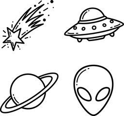 Cosmic collection four celestial icons ufo star alien planet silhouette