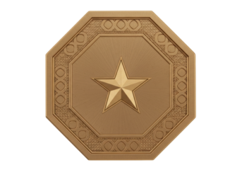 Golden octagonal star emblem isolated, decorative metallic badge with geometric patterns and central star for awards and design elements
