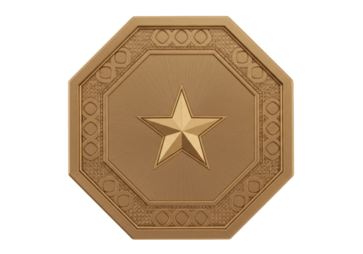 Golden octagonal star emblem isolated, decorative metallic badge with geometric patterns and central star for awards and design elements