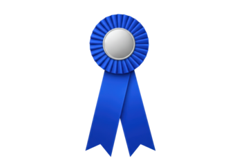 Blue award ribbon isolated on transparent background, rosette badge for competition winner or achievement recognition