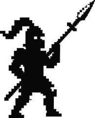 Obraz premium Retro pixel art warrior holding spear silhouette warrior silhouette silhouette
