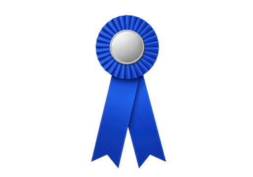 Blue award ribbon isolated on transparent background, rosette badge for competition winner or achievement recognition
