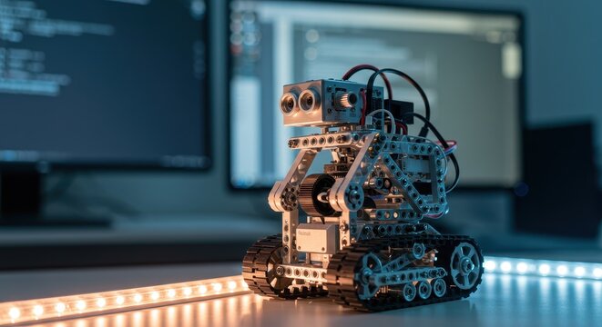 Detailed Programmable Robot on Desk, Illuminated by Warm LED Strip and Blue-Lit Coding Monitors.