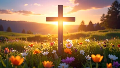 Peaceful Cross in a Field of Flowers.