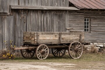 Fototapeta premium Old wooden wagon in front of rustic barn