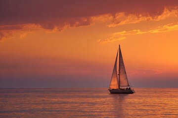 Fototapeta premium Sailboat on calm sea during vibrant sunset