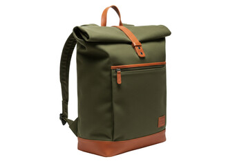 Olive green rolltop backpack isolated, canvas rucksack with leather accents for travel and everyday carry