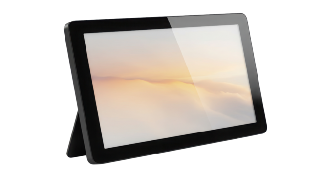 Black tablet showcasing a landscape image on screen isolated PNG with Transparent Background