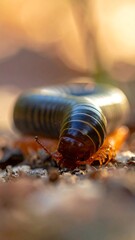 Close-up of a segmented insect on the ground