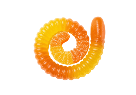 Gummy worm candy isolated on transparent background, orange and yellow spiral confectionery treat for kids and Halloween, PNG