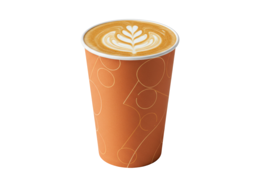 Latte art in paper cup isolated on transparent background, coffee drink with heart and leaf pattern for cafe menu - Powered by Adobe