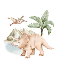 Watercolor drawing of a triceratops with a flying pterodactyl and tropical plants. Playful prehistoric scenery makes it ideal for nursery prints, fabrics, educational posters, and kids projects. © Evgeniia