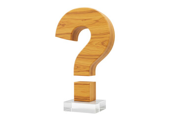 Wooden question mark isolated on transparent background, 3D rendering of a punctuation symbol with...