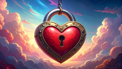 Heart-Shaped Lock in Sky Background.