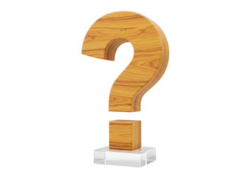 Wooden question mark isolated on transparent background, 3D rendering of a punctuation symbol with wood grain texture for design and education